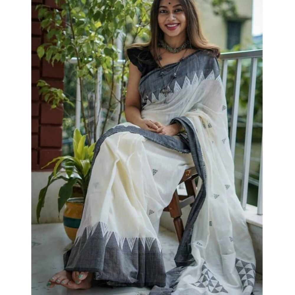 Women's Soft Lilan Printed Saree With Unstitched Blouse 5.5Mtr (White-Black) - Image 2