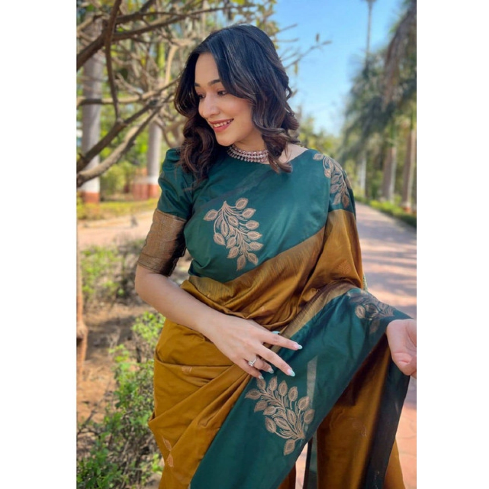 Women's Soft Lichi Silk Printed Saree With Unstitched Blouse 5.5Mtr (Mustard ) - Image 2