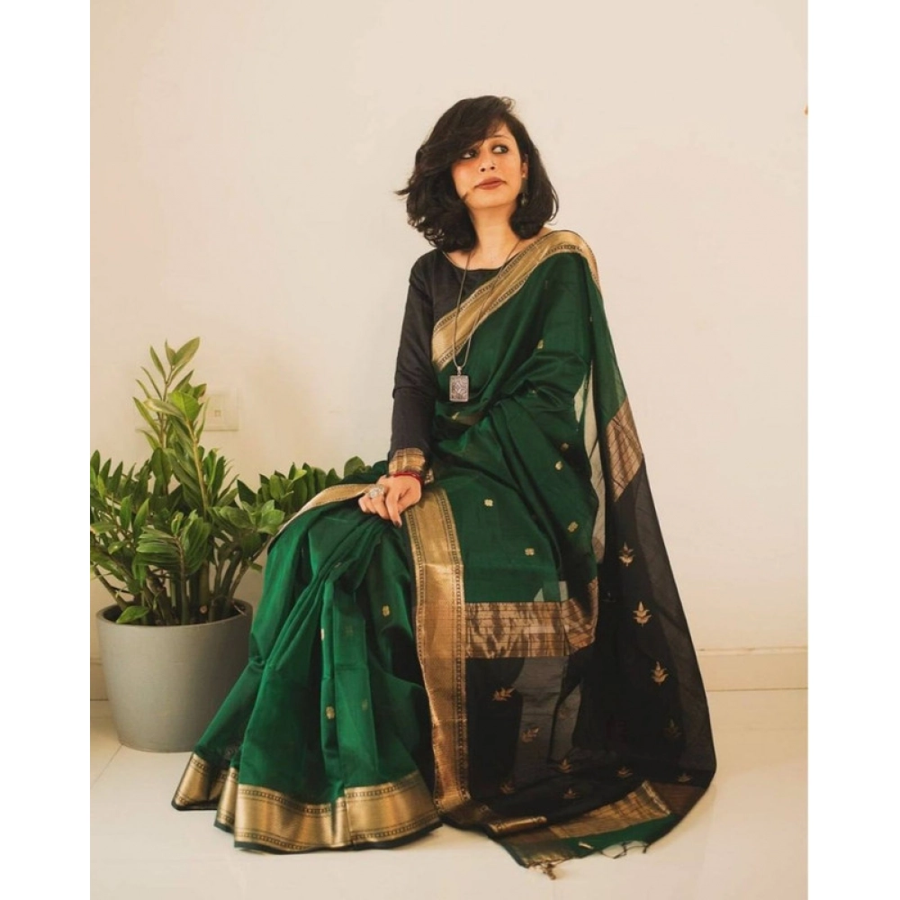 Women's Soft Lichi Silk Printed Saree With Unstitched Blouse 5.5Mtr (Green) - Image 2