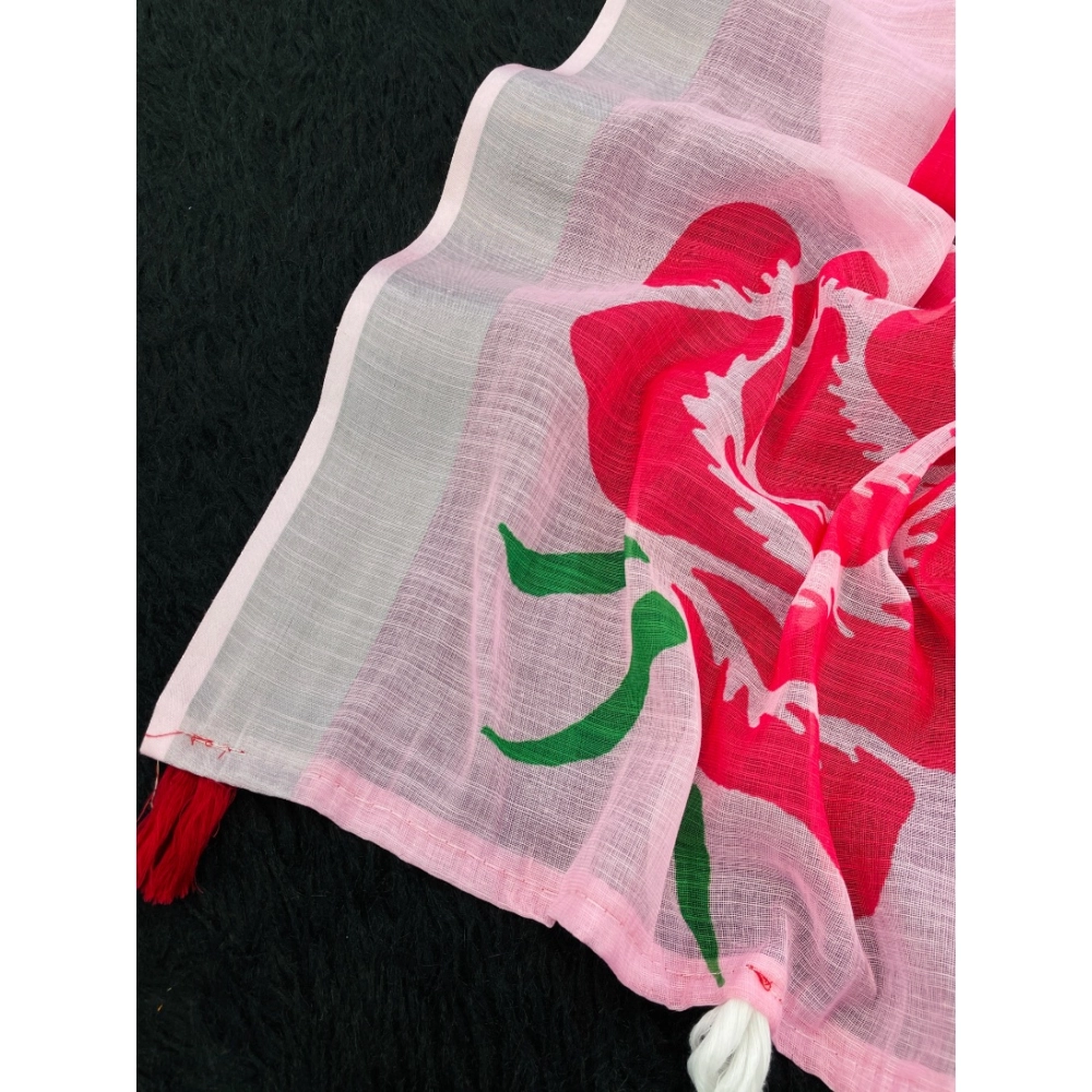 Women's Linen Cotton Printed Saree With Unstitched Blouse 5.5Mtr (Pink) - Image 3