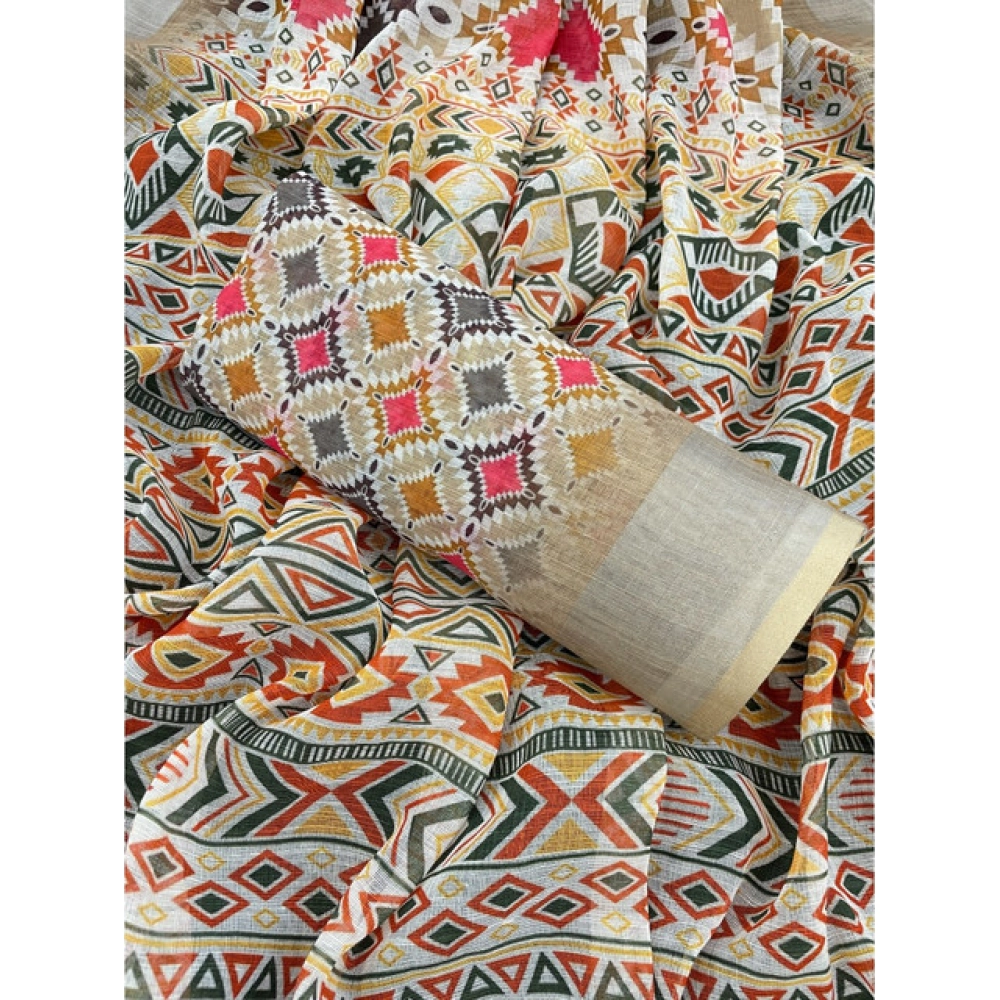 Women's Linen Cotton Printed Saree With Unstitched Blouse 5.5Mtr (Cream) - Image 2