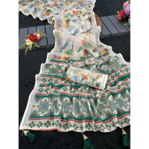Women's Linen Cotton Printed Saree With Unstitched Blouse 5.5Mtr (Green)