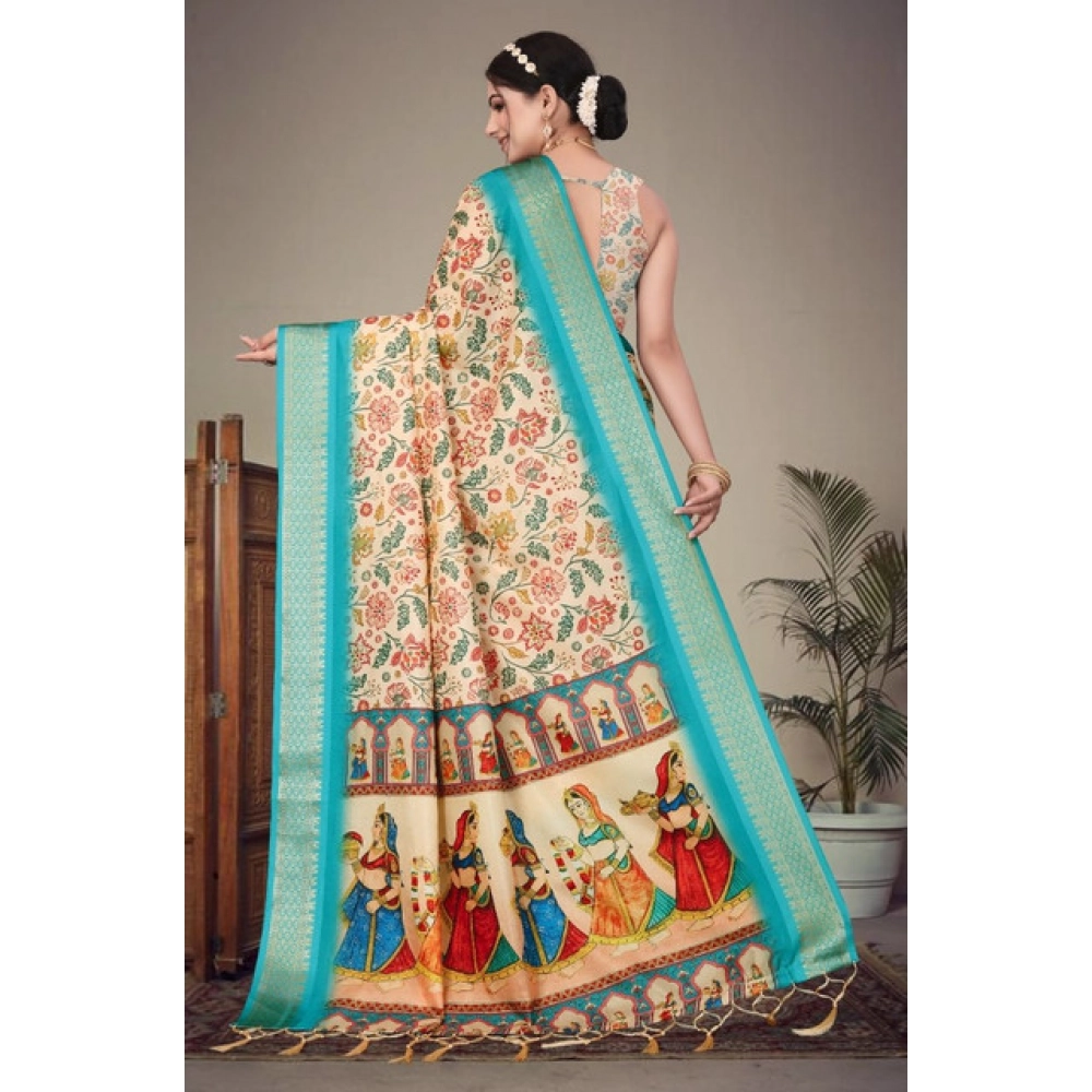 Women's Cotton Silk Printed Saree With Unstitched Blouse 5.5Mtr (Sky Blue) - Image 2