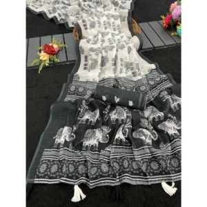 Women's Linen Cotton Printed Saree With Unstitched Blouse 5.5Mtr (Black)