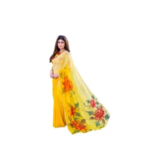 Women's Georgette Printed Saree With Unstitched Blouse 5.5Mtr (Yellow)