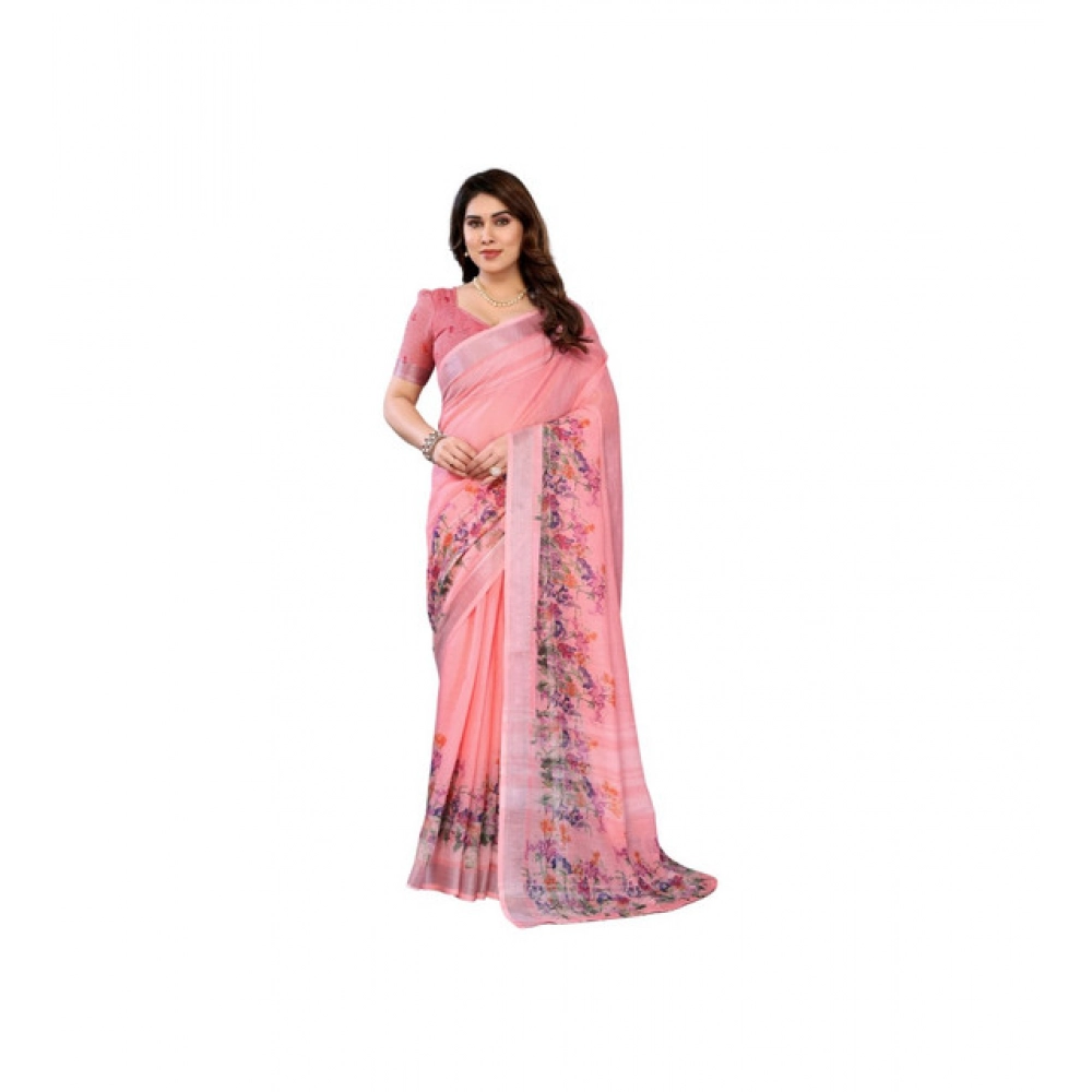 Women's Linen Cotton Printed Saree With Unstitched Blouse 5.5Mtr (Peach)