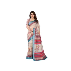 Women's Linen Cotton Printed Saree With Unstitched Blouse 5.5Mtr (Cream)