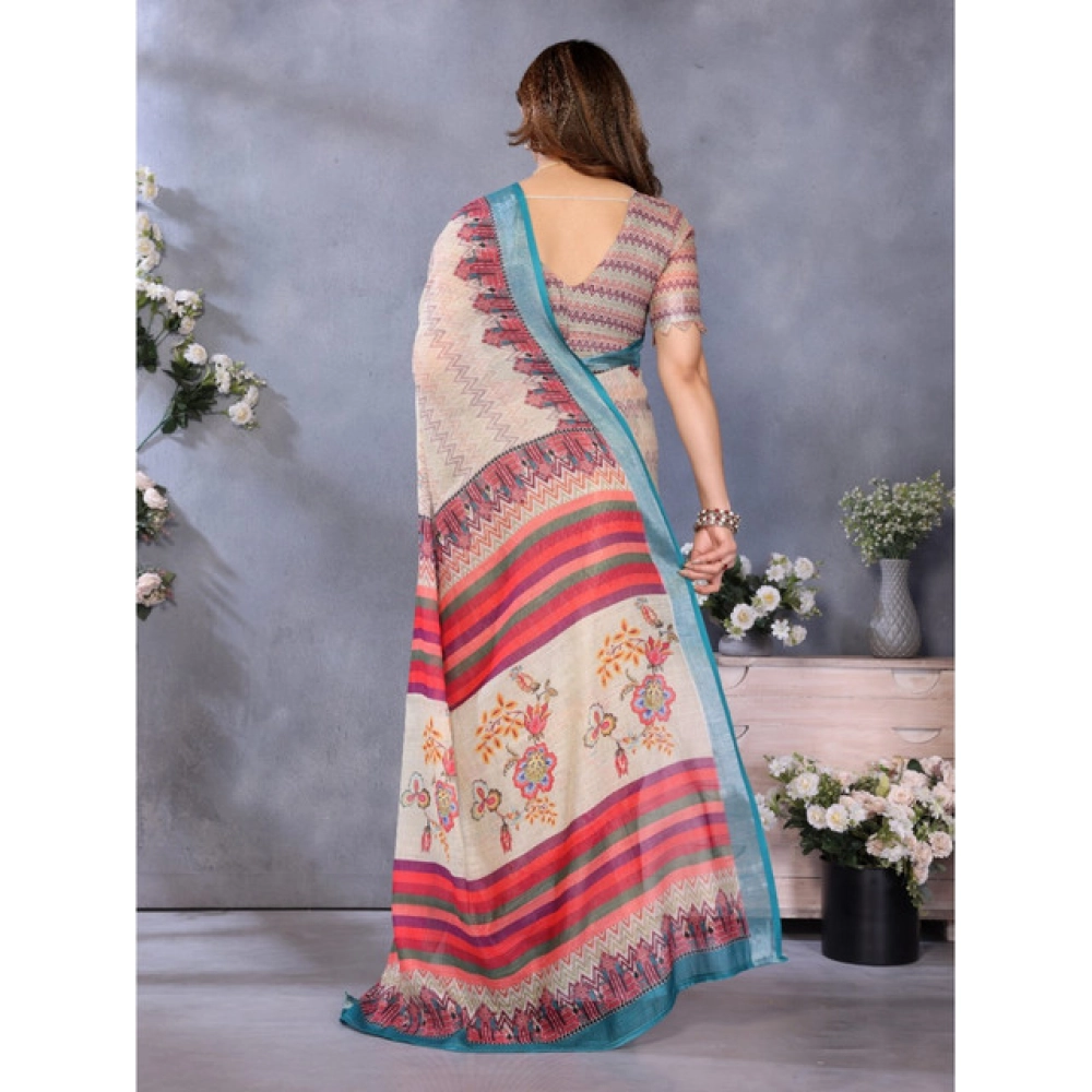 Women's Linen Cotton Printed Saree With Unstitched Blouse 5.5Mtr (Cream) - Image 3