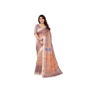 Women's Linen Cotton Printed Saree With Unstitched Blouse 5.5Mtr (Brown)