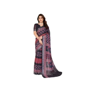 Women's Linen Cotton Printed Saree With Unstitched Blouse 5.5Mtr (Black)