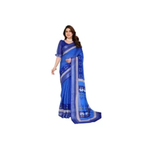 Women's Linen Cotton Printed Saree With Unstitched Blouse 5.5Mtr (Blue)