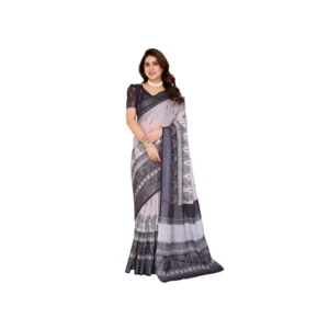 Women's Linen Cotton Printed Saree With Unstitched Blouse 5.5Mtr (White & Black)