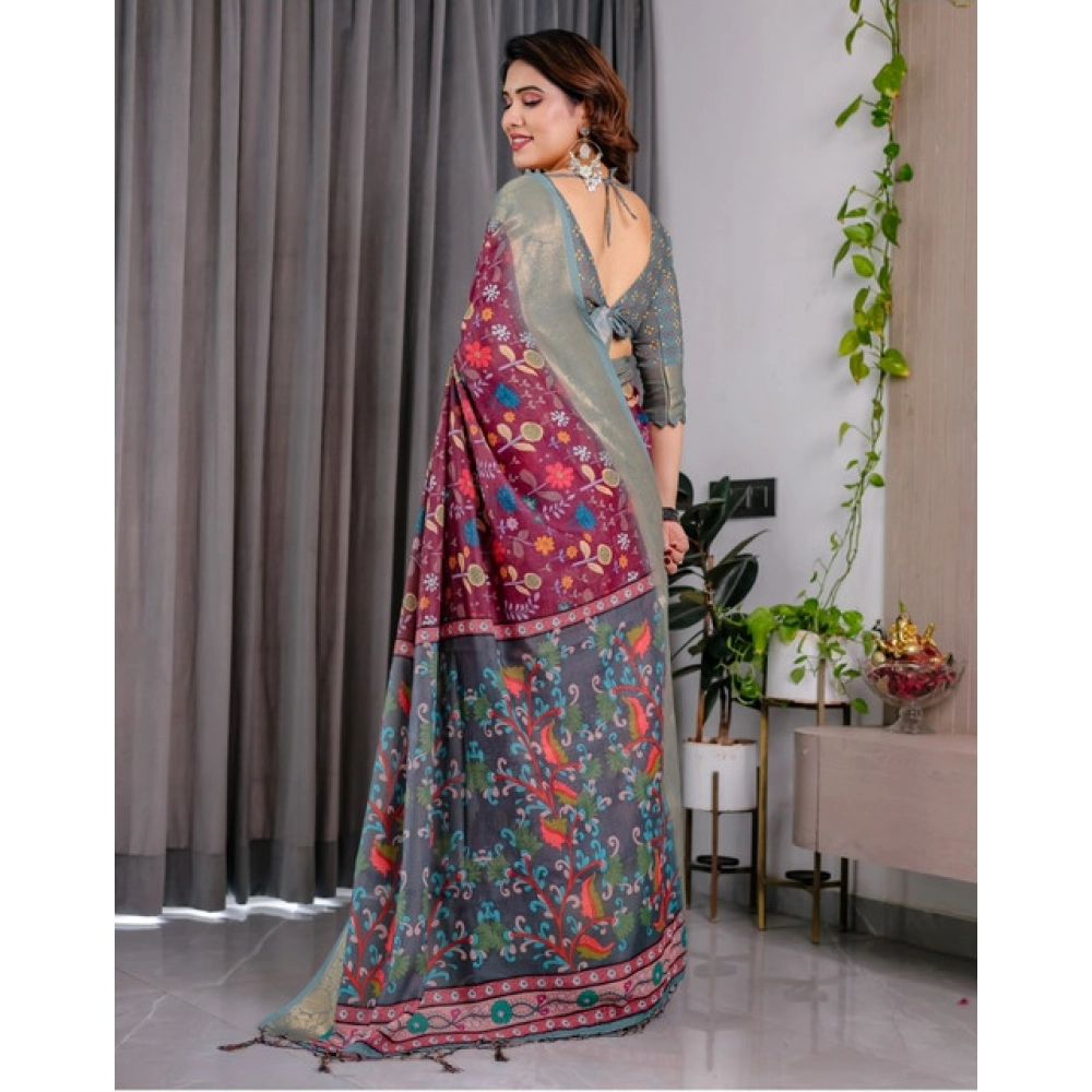 Women's Linen Printed Saree With Unstitched Blouse 5.5Mtr (Purple) - Image 2