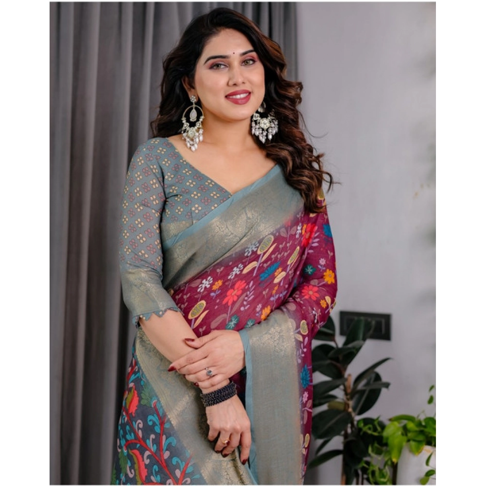 Women's Linen Printed Saree With Unstitched Blouse 5.5Mtr (Purple) - Image 3