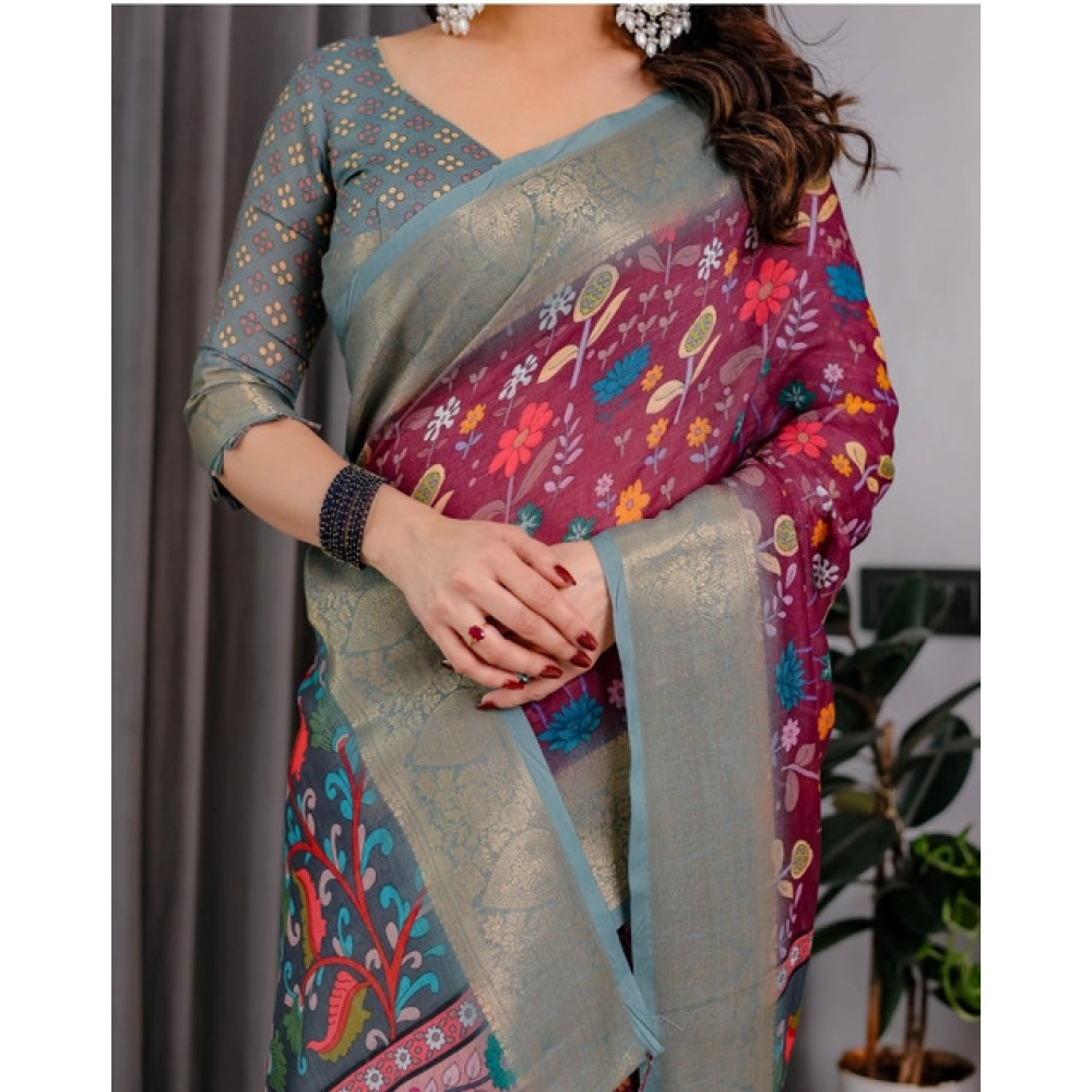 Women's Linen Printed Saree With Unstitched Blouse 5.5Mtr (Purple) - Image 4