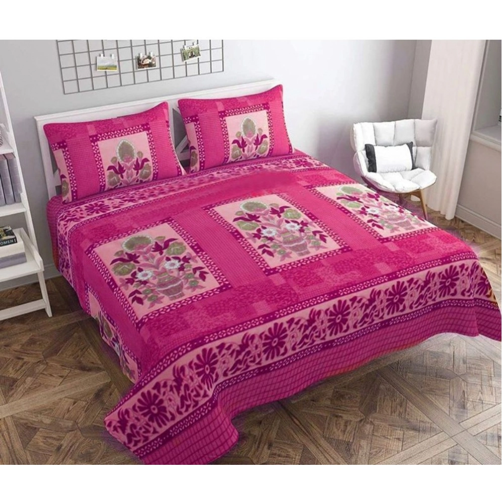 Fleece Floral Printed Double Polar Warm Bedsheet Pink