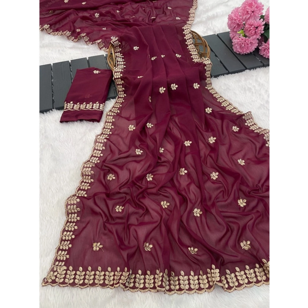 Women's Georgette Embroidered Saree With Unstitched Blouse 5.5Mtr (Red) - Image 2