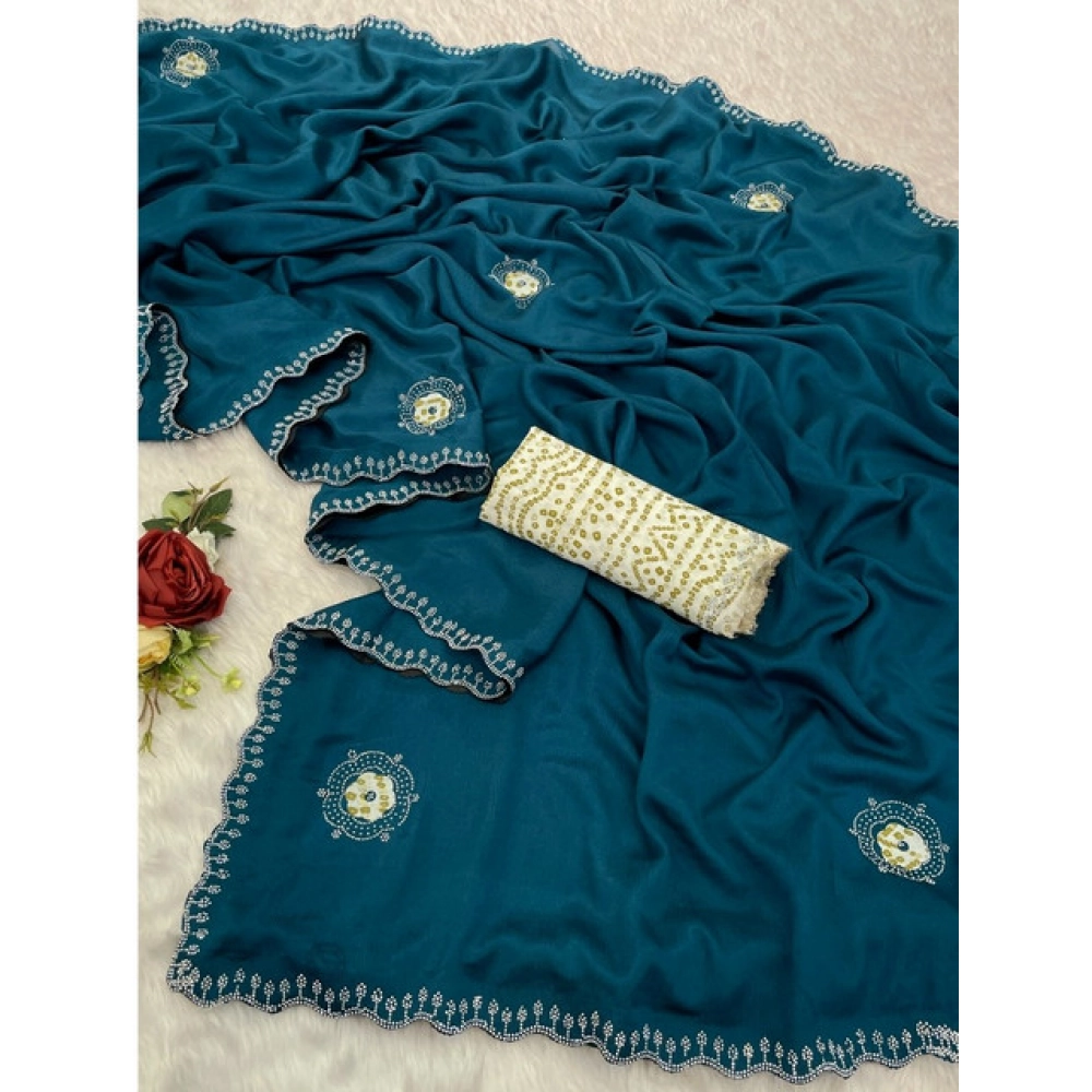 Women's Chiffon Butti Dotted Saree With Unstitched Blouse 5.5Mtr (Blue) - Image 2