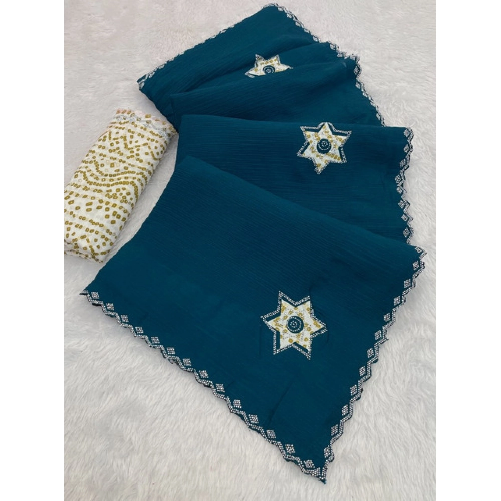 Women's Chiffon Butti Dotted Saree With Unstitched Blouse 5.5Mtr (Blue)