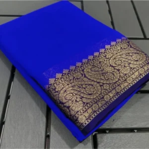 Women's Crepe Chit Pallu Solid Saree With Unstitched Blouse 5.5Mtr (Navy Blue)