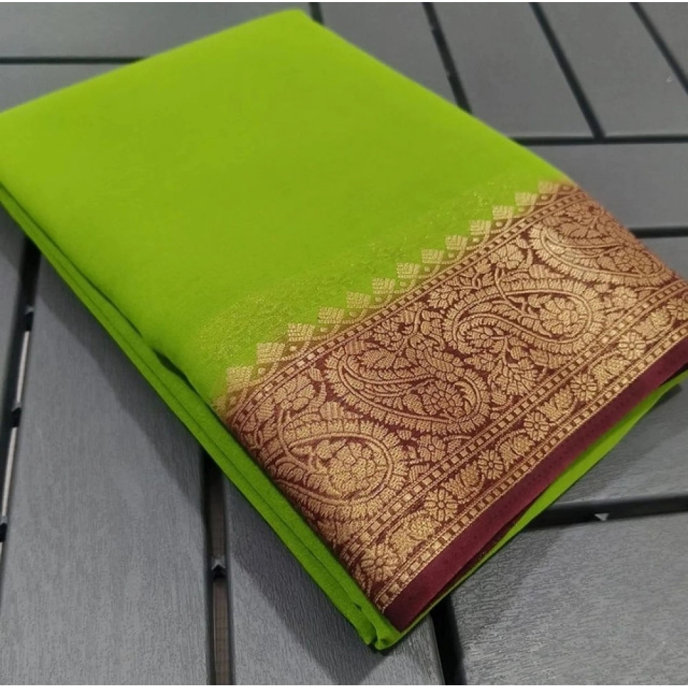 Women's Crepe Chit Pallu Solid Saree With Unstitched Blouse 5.5Mtr (Green)