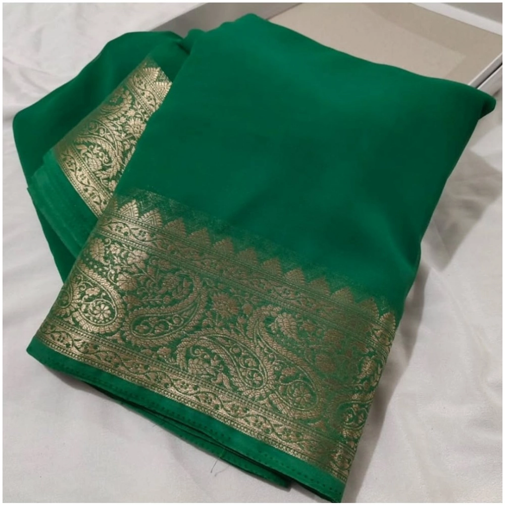 Women's Crepe Chit Pallu Solid Saree With Unstitched Blouse 5.5Mtr (Green)