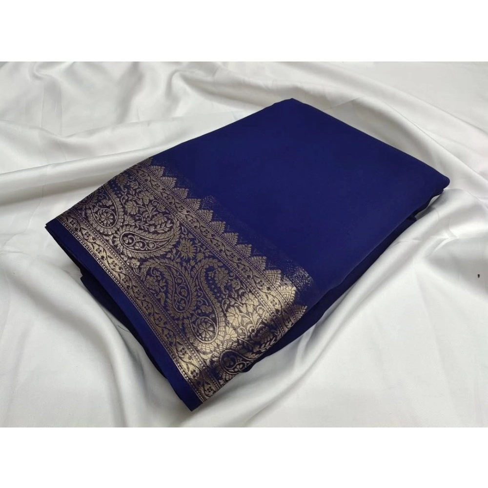 Women's Crepe Chit Pallu Solid Saree With Unstitched Blouse 5.5Mtr (Blue)