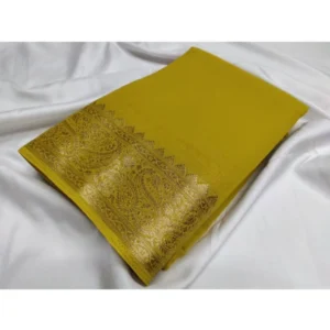 Women's Crepe Chit Pallu Solid Saree With Unstitched Blouse 5.5Mtr (Mustard Yellow)