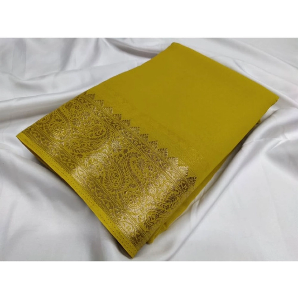 Women's Crepe Chit Pallu Solid Saree With Unstitched Blouse 5.5Mtr (Mustard Yellow)