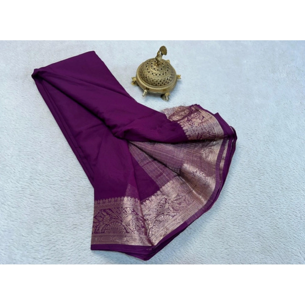Women's Crepe Chit Pallu Solid Saree With Unstitched Blouse 5.5Mtr (Purple) - Image 2