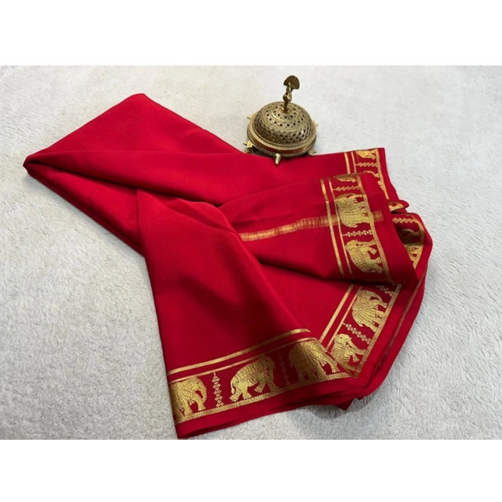 Women's Crepe Chit Pallu Solid Saree With Unstitched Blouse 5.5Mtr (Red) - Image 2