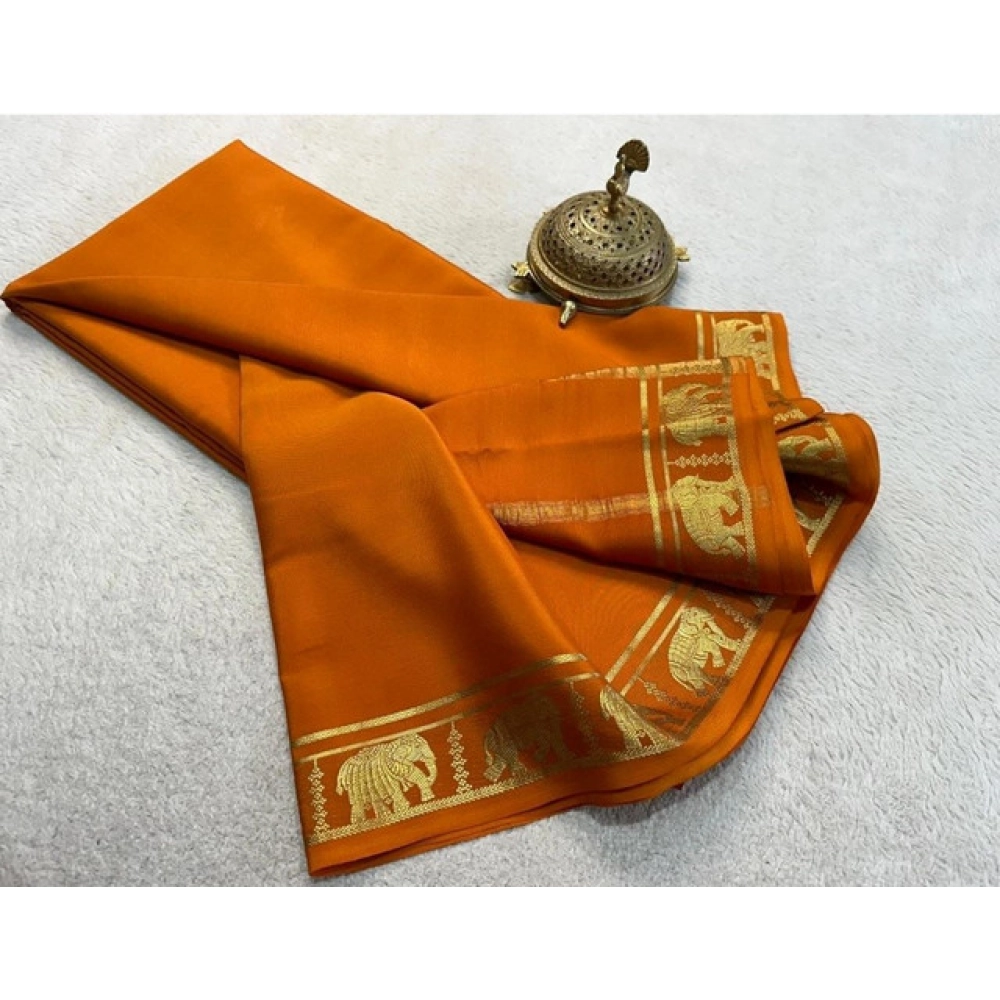 Women's Crepe Chit Pallu Solid Saree With Unstitched Blouse 5.5Mtr (Orange) - Image 2