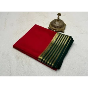Women's Crepe Chit Pallu Solid Saree With Unstitched Blouse 5.5Mtr (Red)