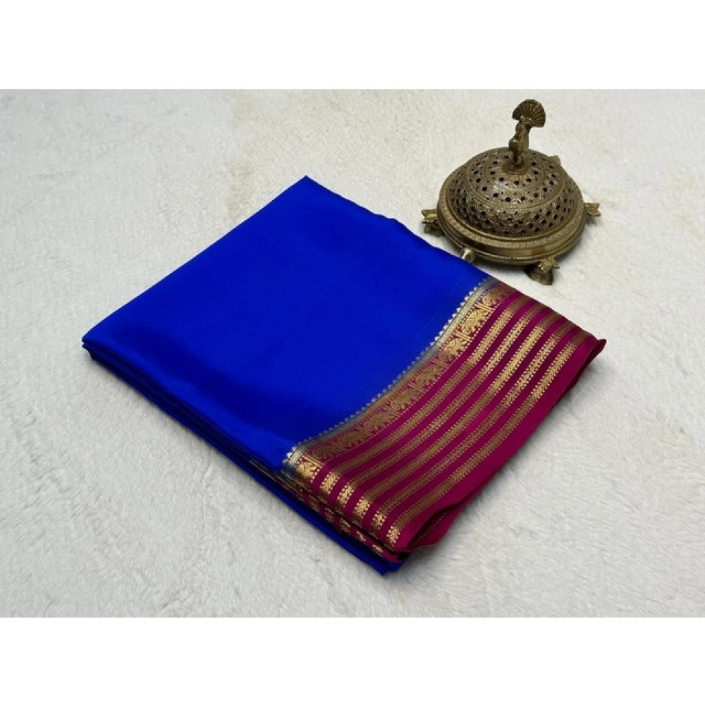 Women's Crepe Chit Pallu Solid Saree With Unstitched Blouse 5.5Mtr (Navy Blue)