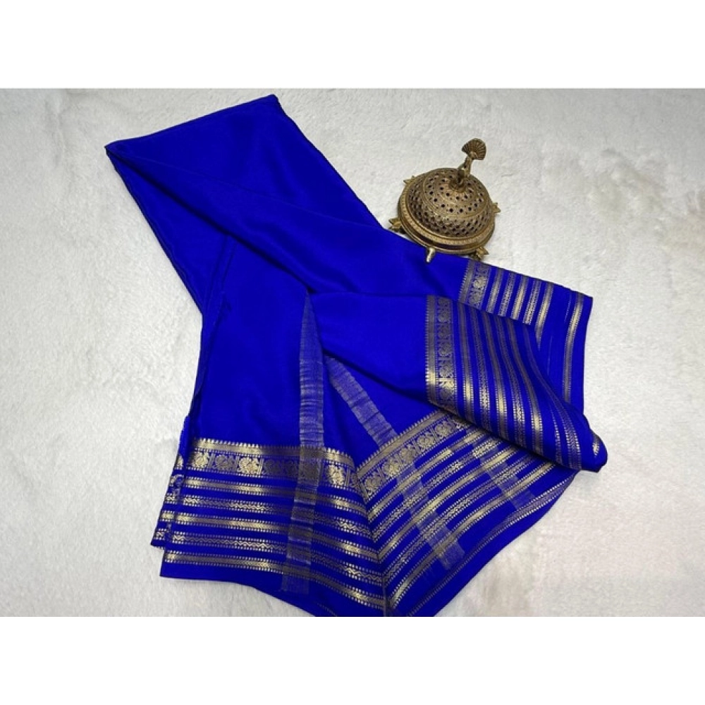Women's Crepe Chit Pallu Solid Saree With Unstitched Blouse 5.5Mtr (Blue) - Image 2