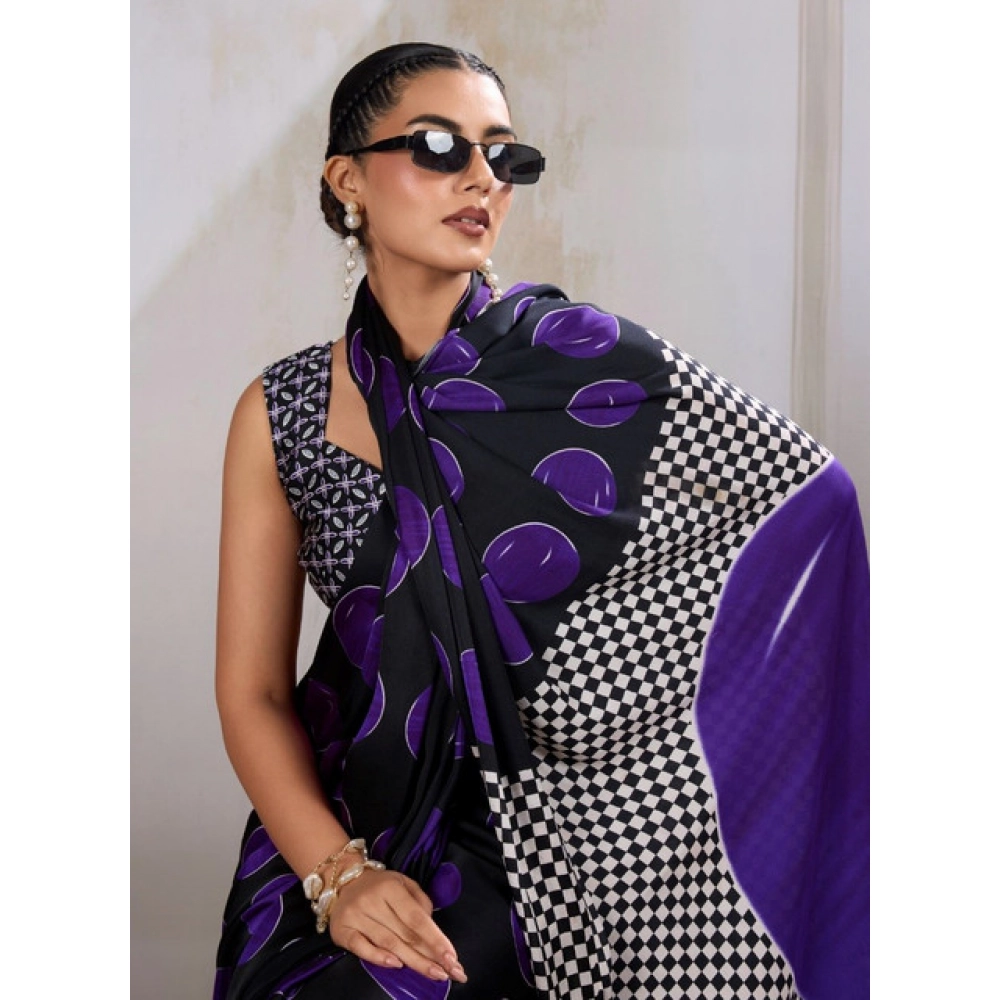 Women's Satin Crepe Printed Saree With Unstitched Blouse 5.5Mtr (Purple) - Image 3