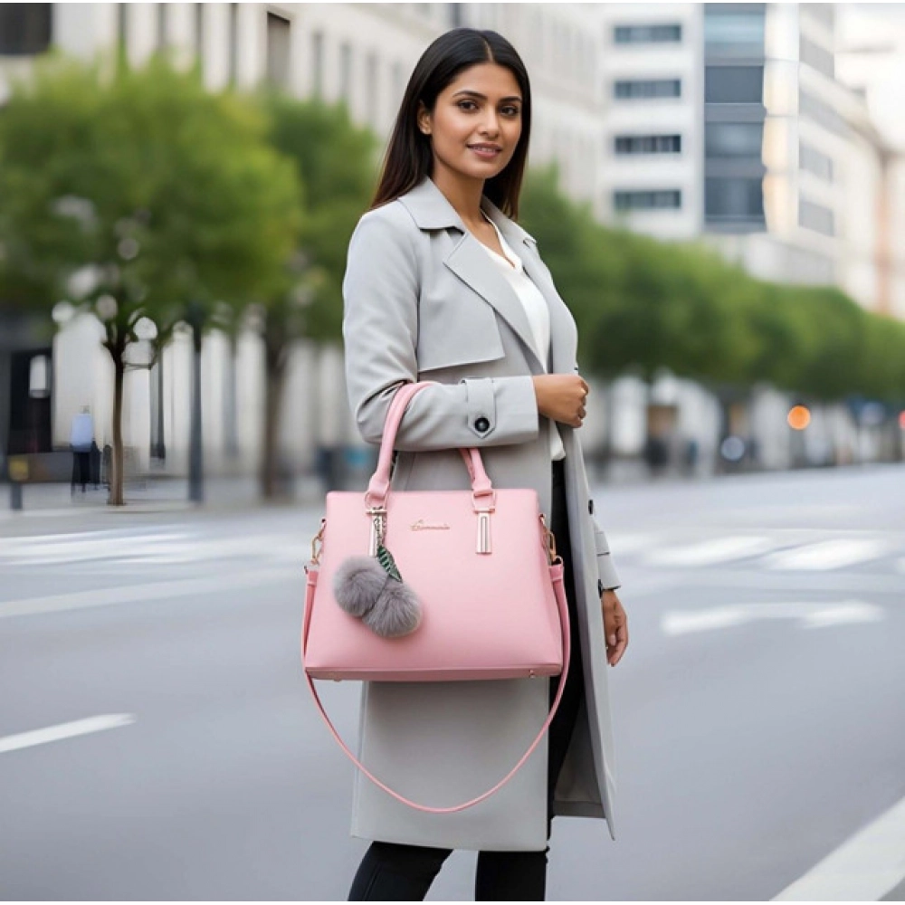 Women's PU Leather Solid Shoulder Zipper Handbag (Pink) - Image 4