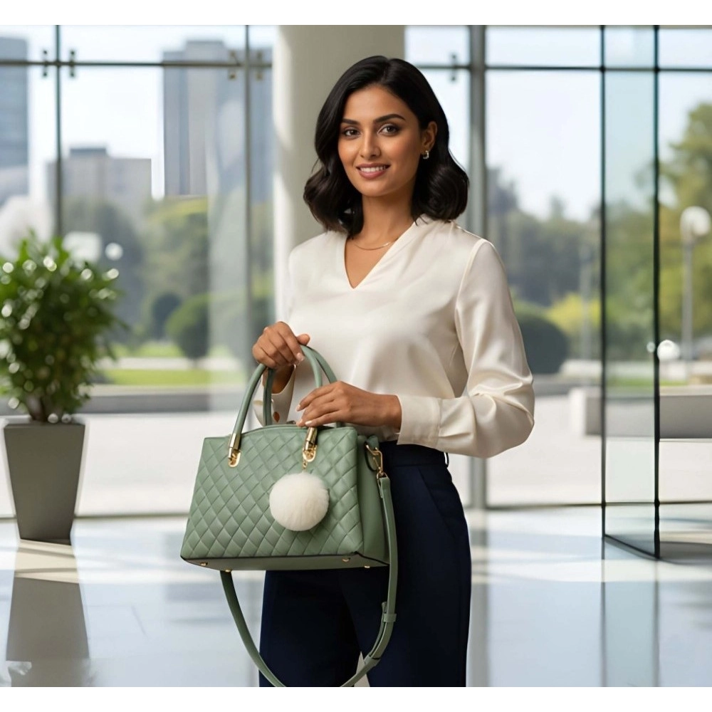 Women's PU Leather Solid Shoulder Zipper Handbag (Green) - Image 5