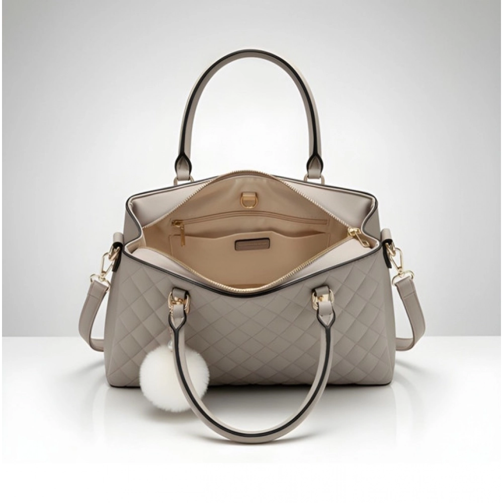 Women's PU Leather Solid Shoulder Zipper Handbag (Grey) - Image 4