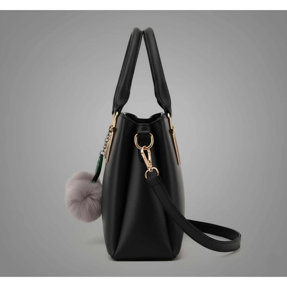 Women's PU Leather Solid Shoulder Zipper Handbag (Black) - Image 2