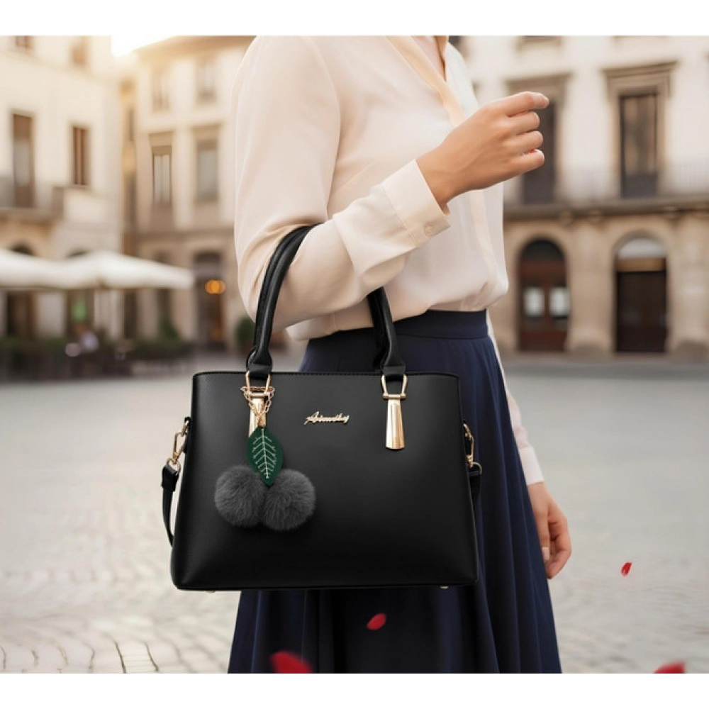 Women's PU Leather Solid Shoulder Zipper Handbag (Black) - Image 4