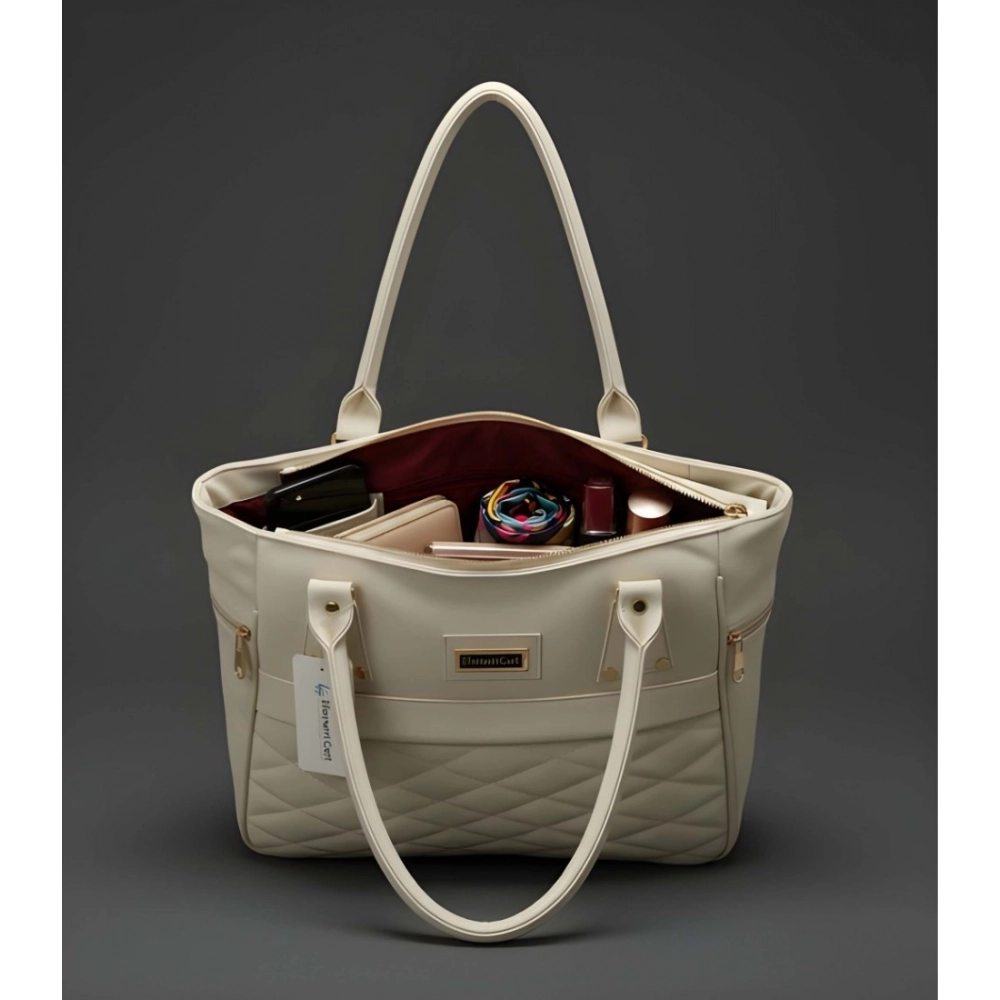 Women's PU Leather Solid Shoulder Zipper Handbag (Cream) - Image 3