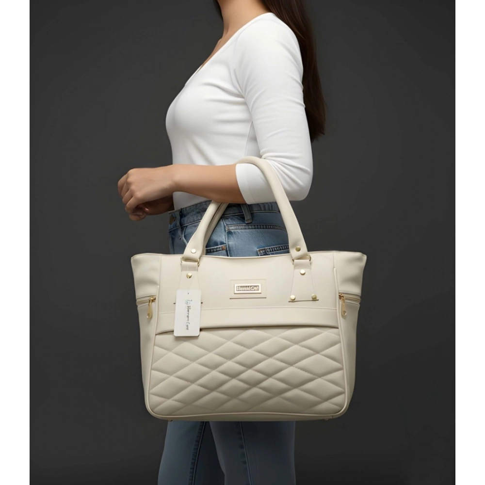 Women's PU Leather Solid Shoulder Zipper Handbag (Cream) - Image 5