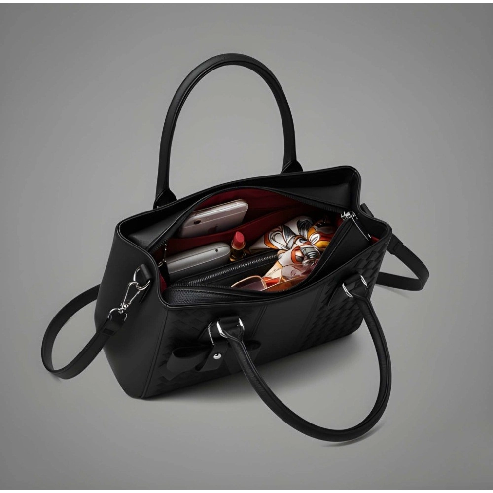 Women's PU Leather Solid Shoulder Zipper Handbag (Black) - Image 2