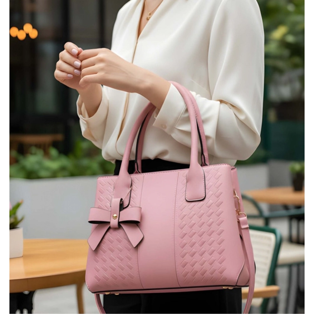 Women's PU Leather Solid Shoulder Zipper Handbag (Pink) - Image 5