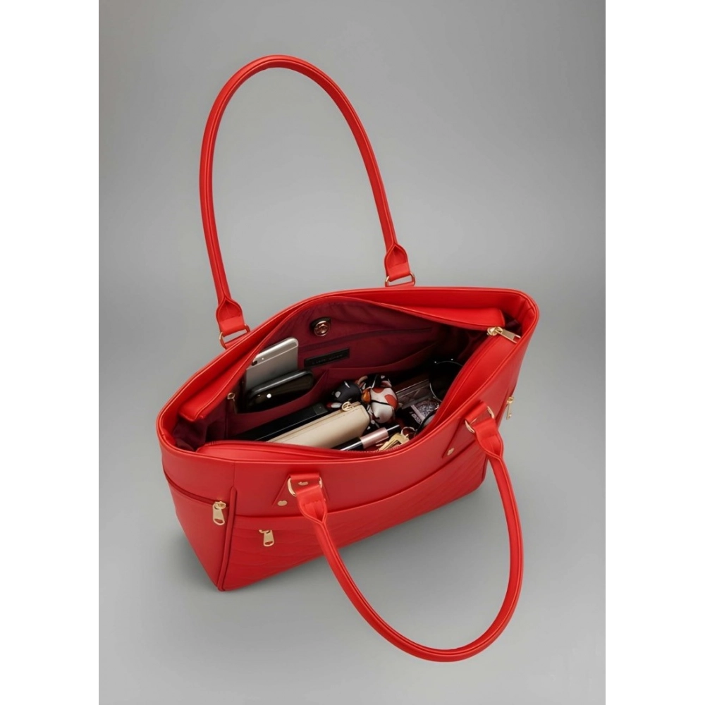 Women's PU Leather Solid Shoulder Zipper Handbag (Red) - Image 3