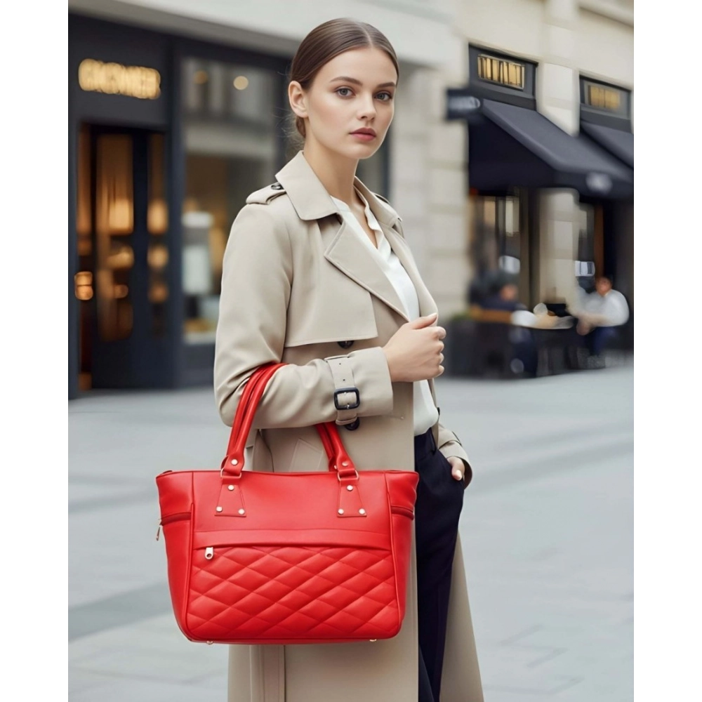 Women's PU Leather Solid Shoulder Zipper Handbag (Red) - Image 5