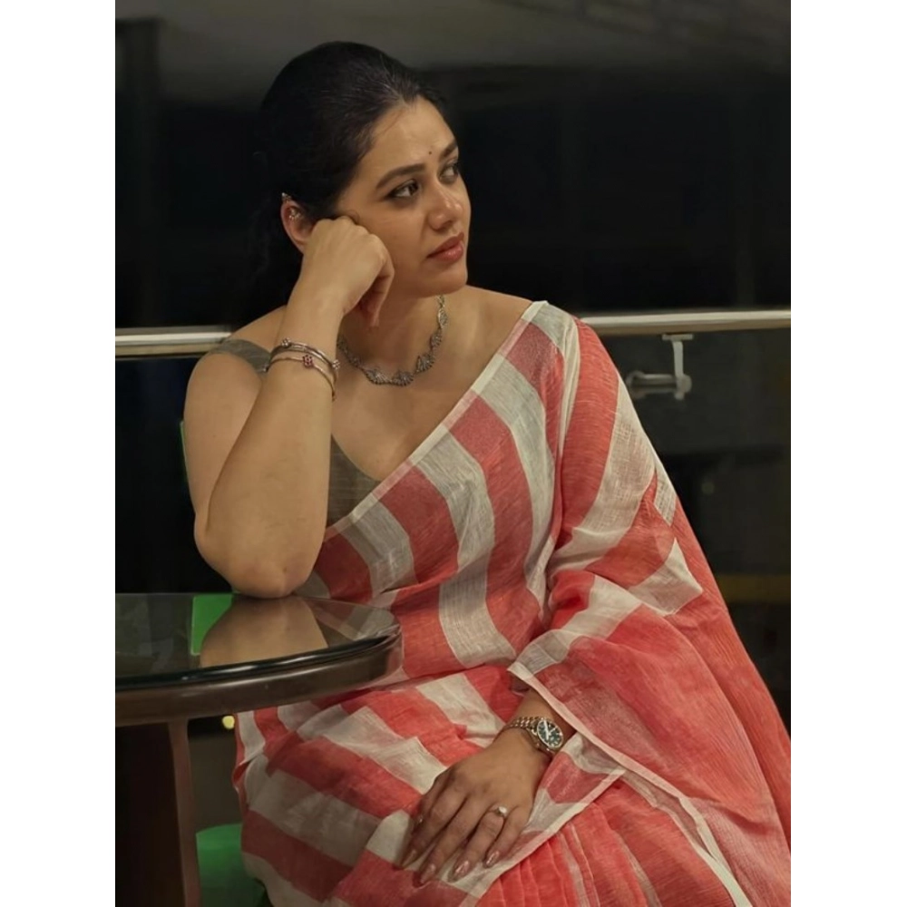 Women's Linen Printed Saree With Unstitched Blouse 5.5Mtr (Multicolor) - Image 2