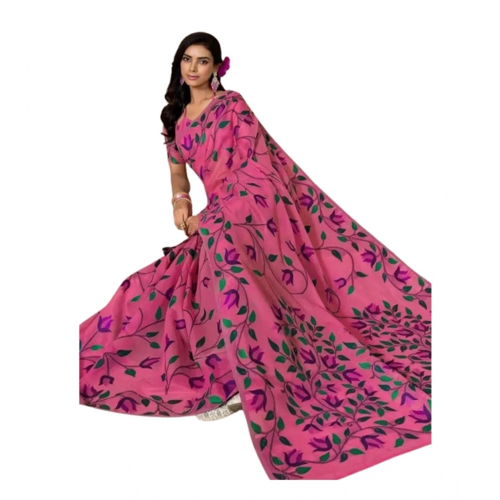 Women's Georgette Printed Saree With Unstitched Blouse 5.5Mtr (Pink) - Image 2