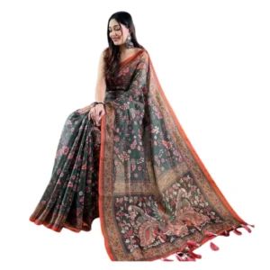 Women's Linen Printed Saree With Unstitched Blouse 5.5Mtr (Green)